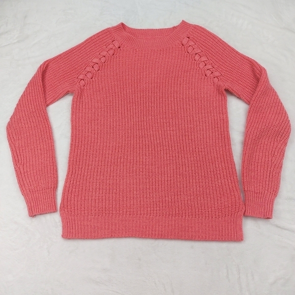 SO Sweaters - SO WOMENS BRIGHT PINK BRAIDED KNIT LONG SLEEVE 100% ACRYLIC SWEATER SIZE LARGE